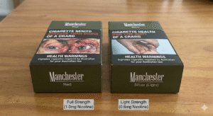 Comparison of Manchester Red vs Silver packaging to illustrate manchester light cigarettes strength difference