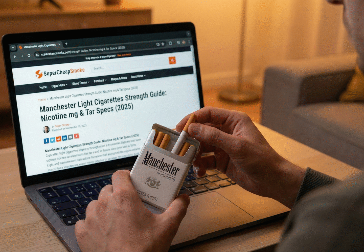 Man holding genuine Manchester Silver Light cigarette pack reading strength guide on SuperCheapSmoke website