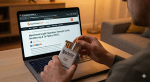 Man checking manchester light cigarettes strength specifications on SuperCheapSmoke website