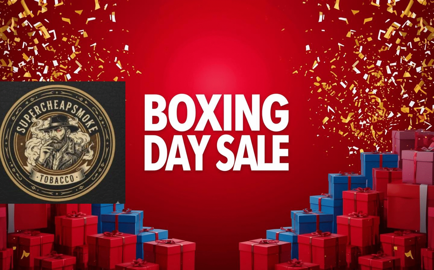 Boxing Day cigarette sale Australia 2025 banner with festive red background and confetti