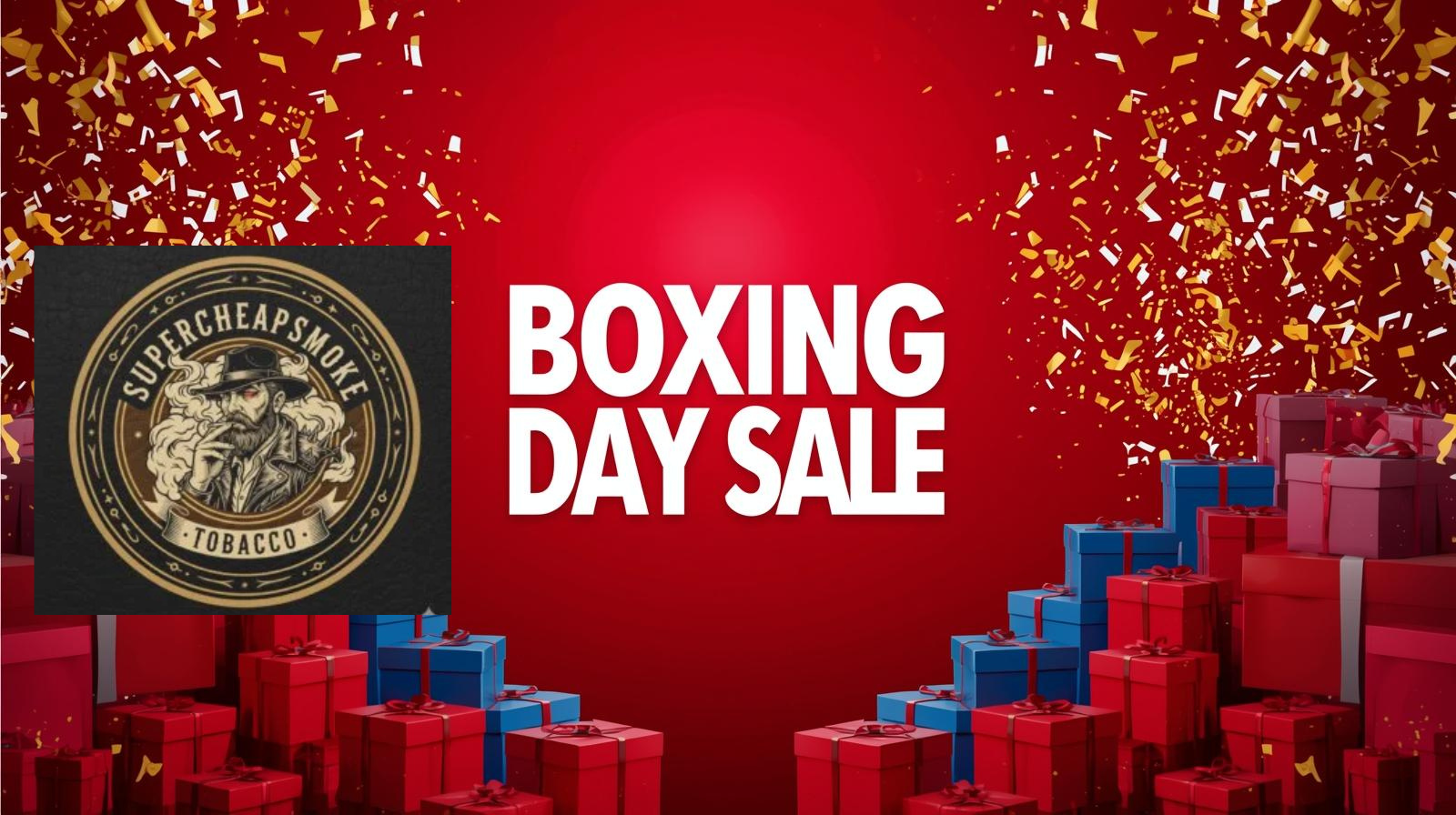Boxing Day cigarette sale Australia 2025 banner with festive red background and confetti