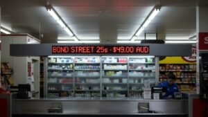 Manchester Blue cigarettes pack priced at $17.00 next to Australian fifty dollar banknotes showing huge savings