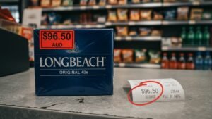 Close up of Longbeach Blue 40s pack showing expensive price tag $96.50 and supermarket receipt in Australia