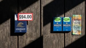 Side by side comparison showing expensive Longbeach 40s vs cheap Manchester cigarettes with $60 Australian cash savings