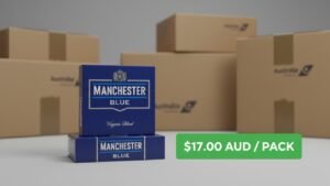 Packs of Manchester Blue cigarettes priced at $17 AUD ready for fast online shipping in Australia as a cheap alternative