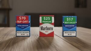 Comparison of Manchester value versus expensive Peter Jackson cigarettes price Australia 2026