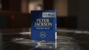 Peter Jackson cigarettes price Australia 2026 showing expensive $72 retail cost on pack