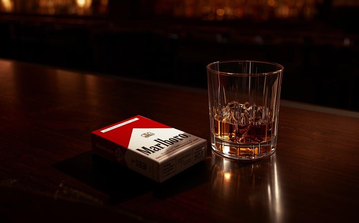 Premium Marlboro Red pack and whiskey glass representing high-end tobacco culture