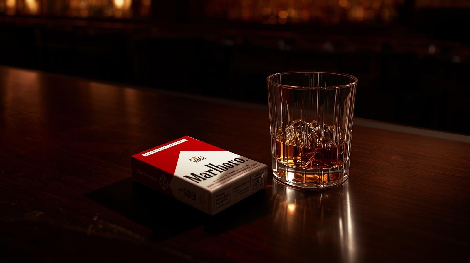 Premium Marlboro Red pack and whiskey glass representing high-end tobacco culture