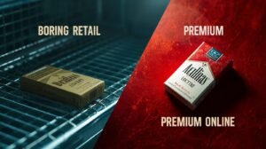 Split screen comparing ugly plain packaging retail cigarettes versus premium online Marlboro packs