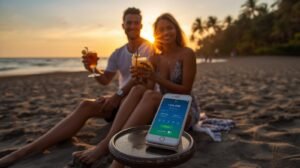 Happy couple traveling on holiday with $14000 savings from switching to the cheapest cigarettes Australia.